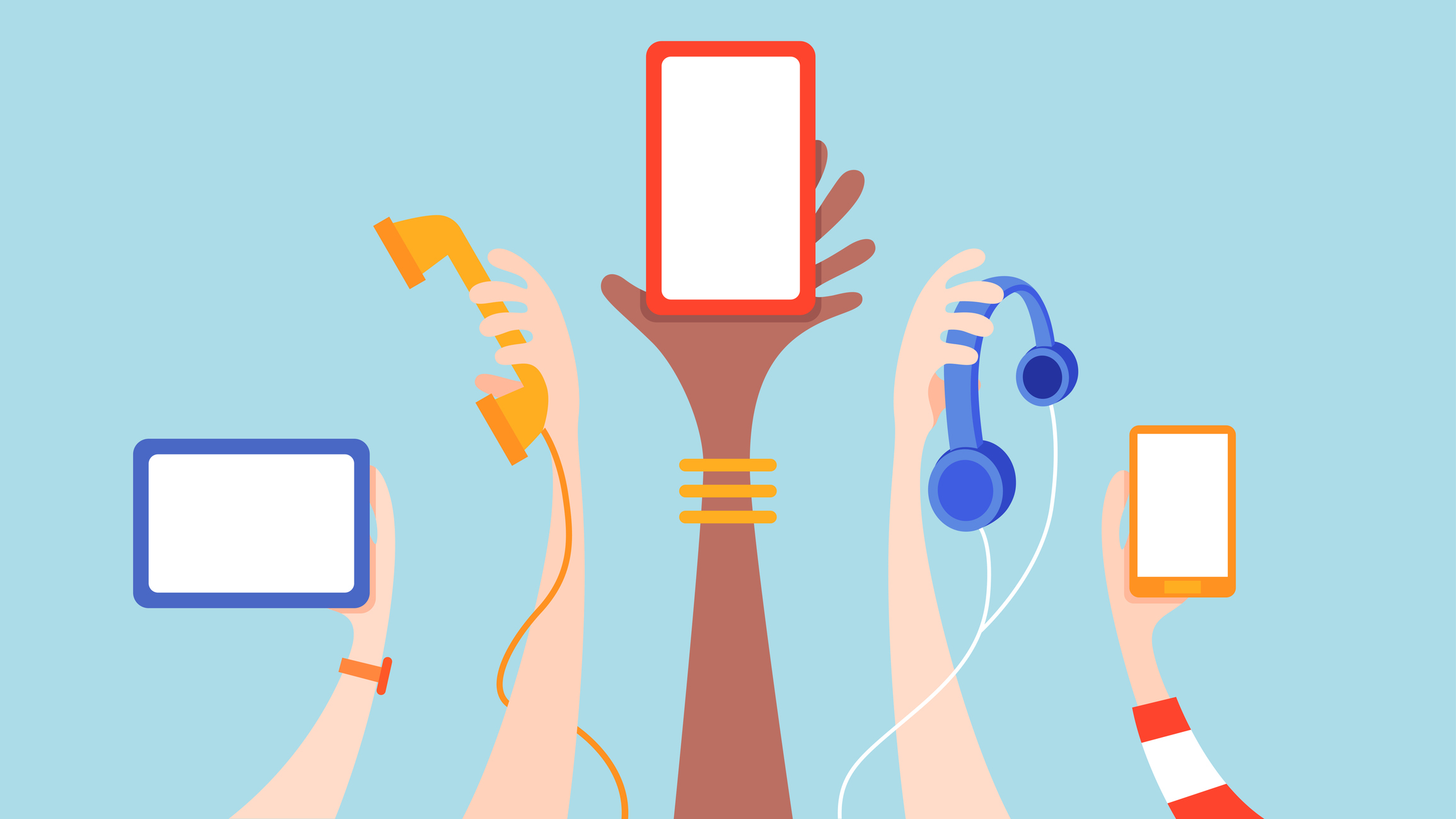 People holding technology devices, concept for rethinking their relationship with technology.