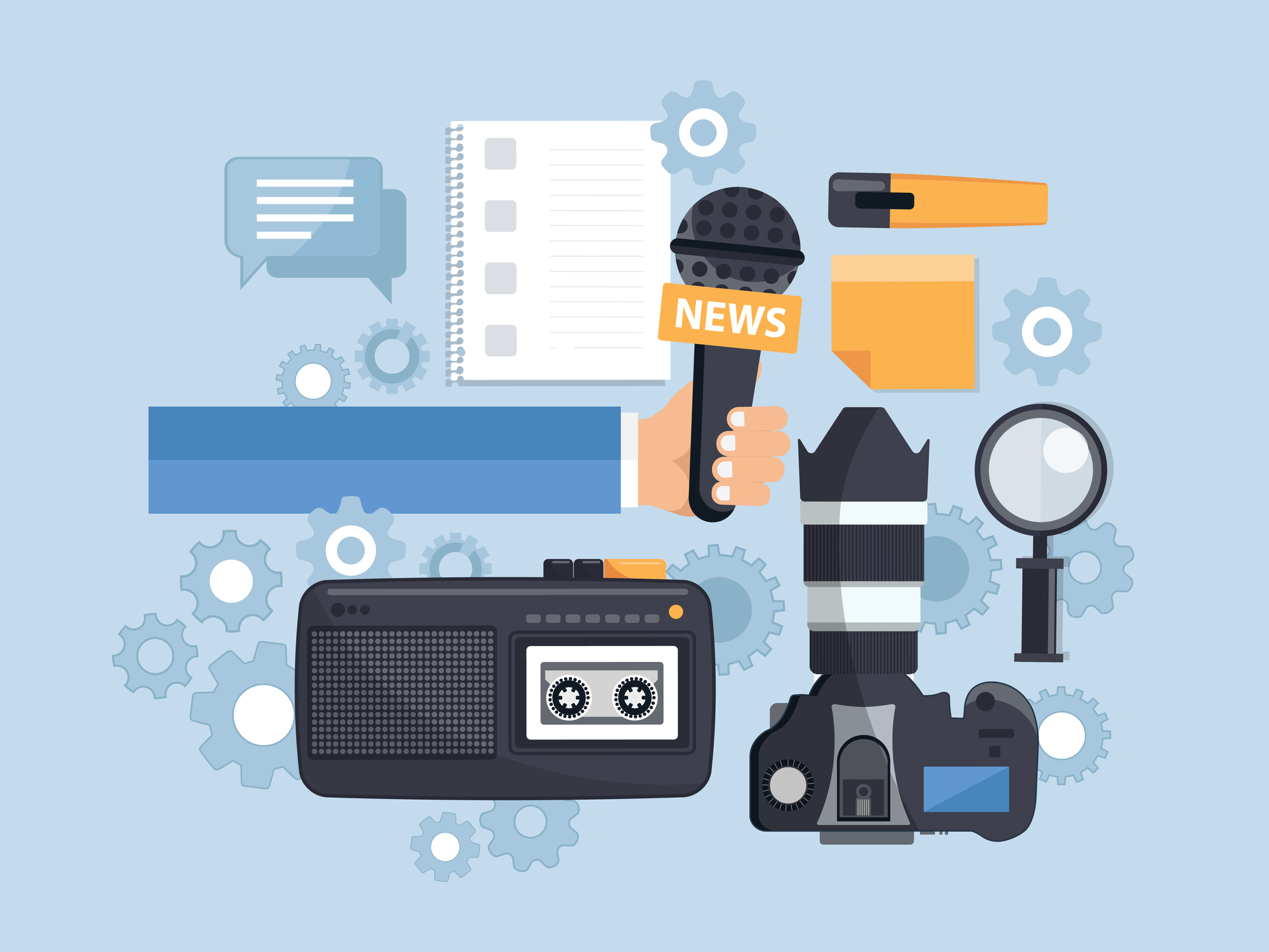 cartoon of journalist's equipment, concept for becoming a Journalist’s Dream Contact