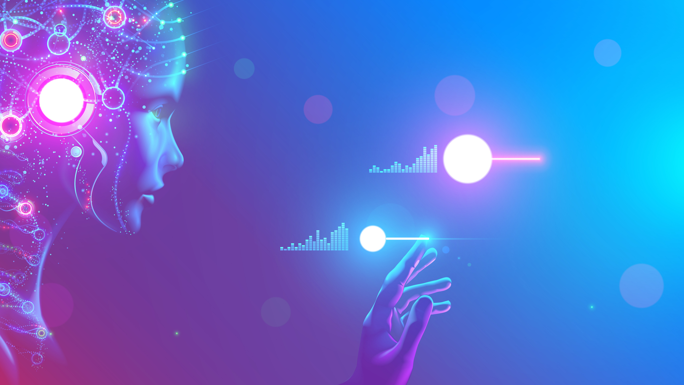 AI in image cybernetic anthropomorphic woman working with matrix data on virtual interface. head or face of artificial intelligence with mind looking at information and teaching neural networks.